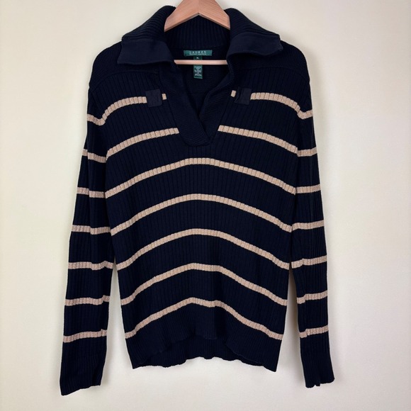 Lauren Ralph Lauren Collar Knit Sweater Womens XL Striped Cotton Blend - Picture 1 of 11